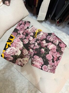 drew house Pink Rose Print Track Shorts with Yellow Drawstring UNISEX size S
